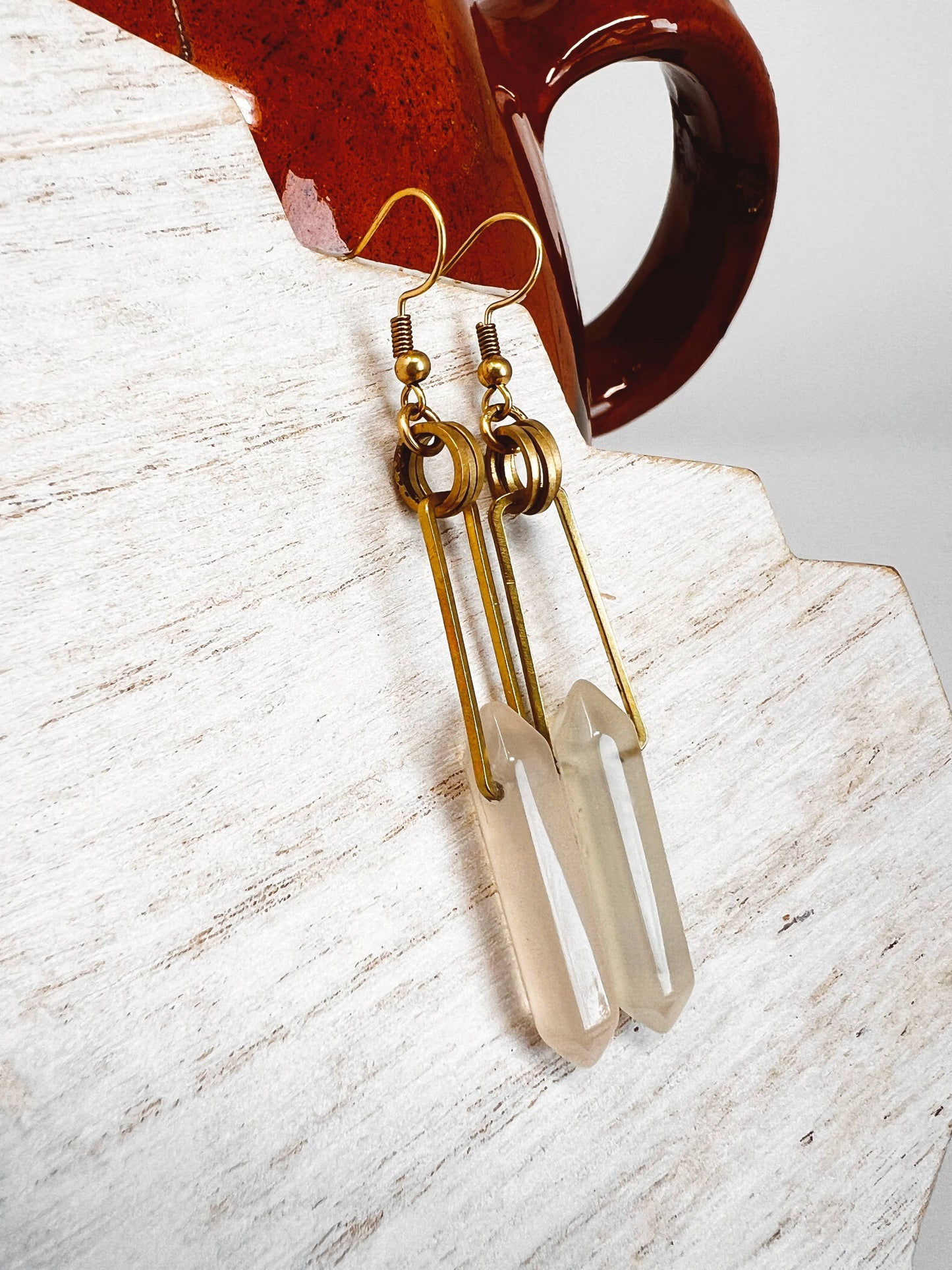 Modern Geometric Rose Quartz Point & Brass Dangle Earring