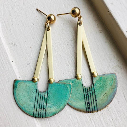 Modernist Verdi Gris Patina Scribed Earring: Vertical Lines