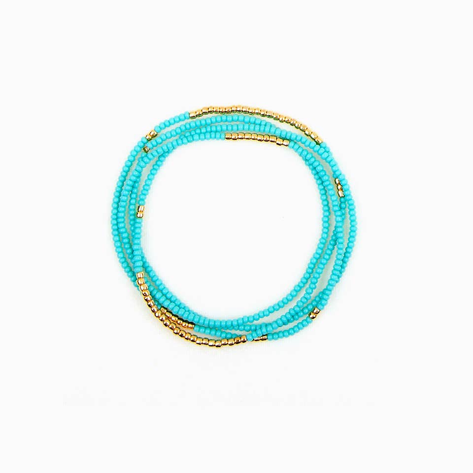 Gold Bead Stretch Necklace Wrap Bracelet: Turquoise