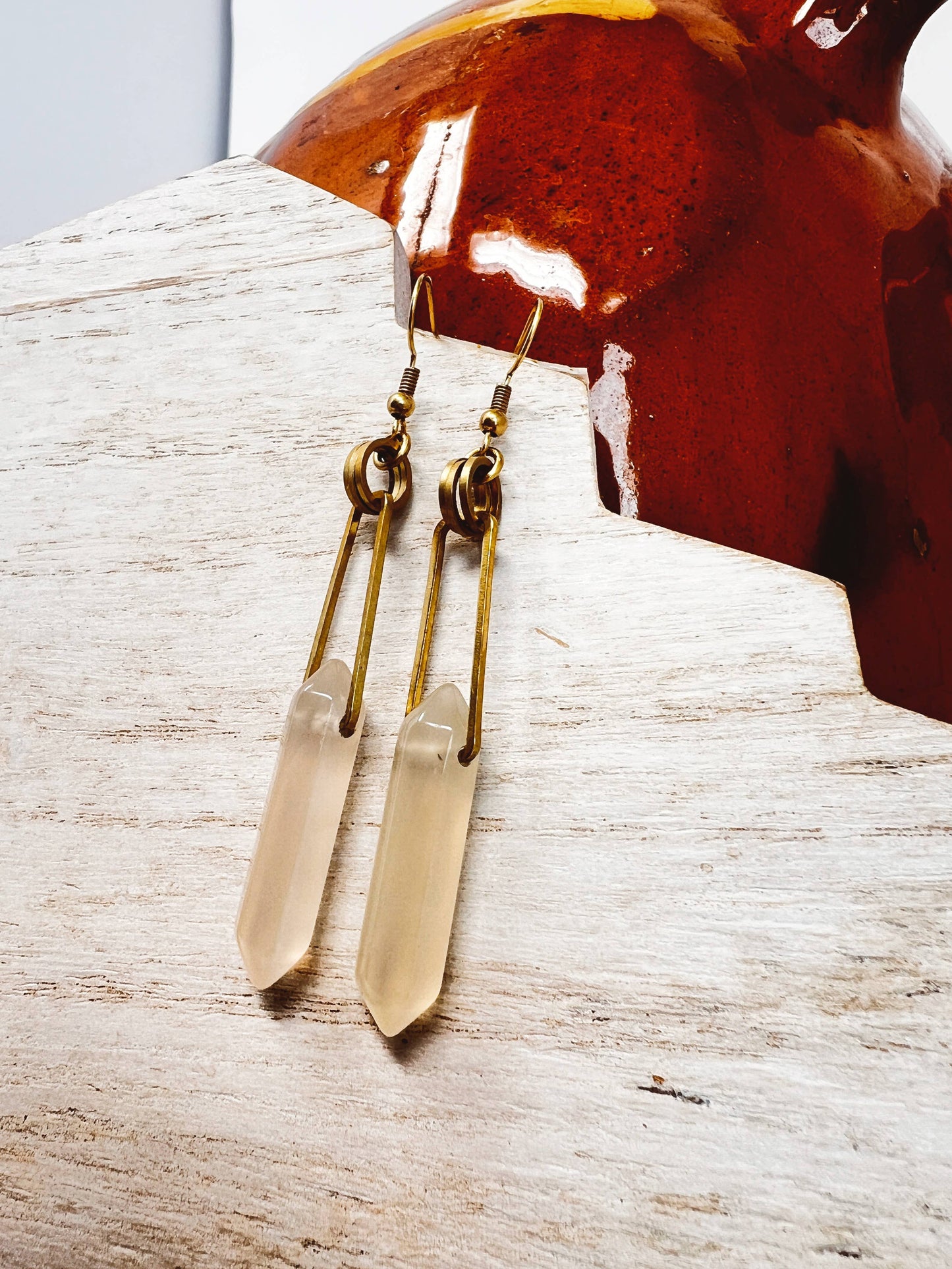 Modern Geometric Rose Quartz Point & Brass Dangle Earring