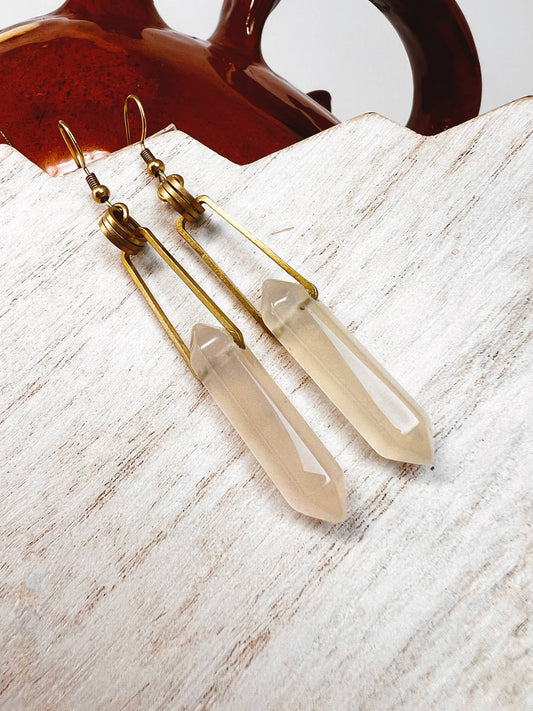 Modern Geometric Rose Quartz Point & Brass Dangle Earring