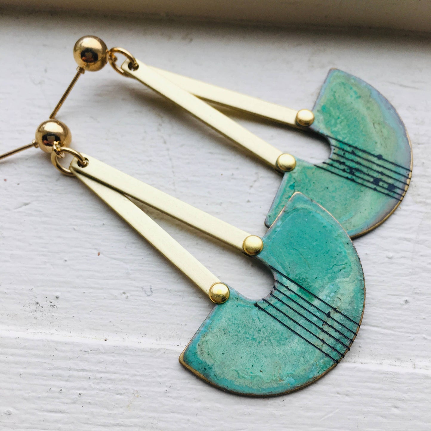 Modernist Verdi Gris Patina Scribed Earring: Vertical Lines