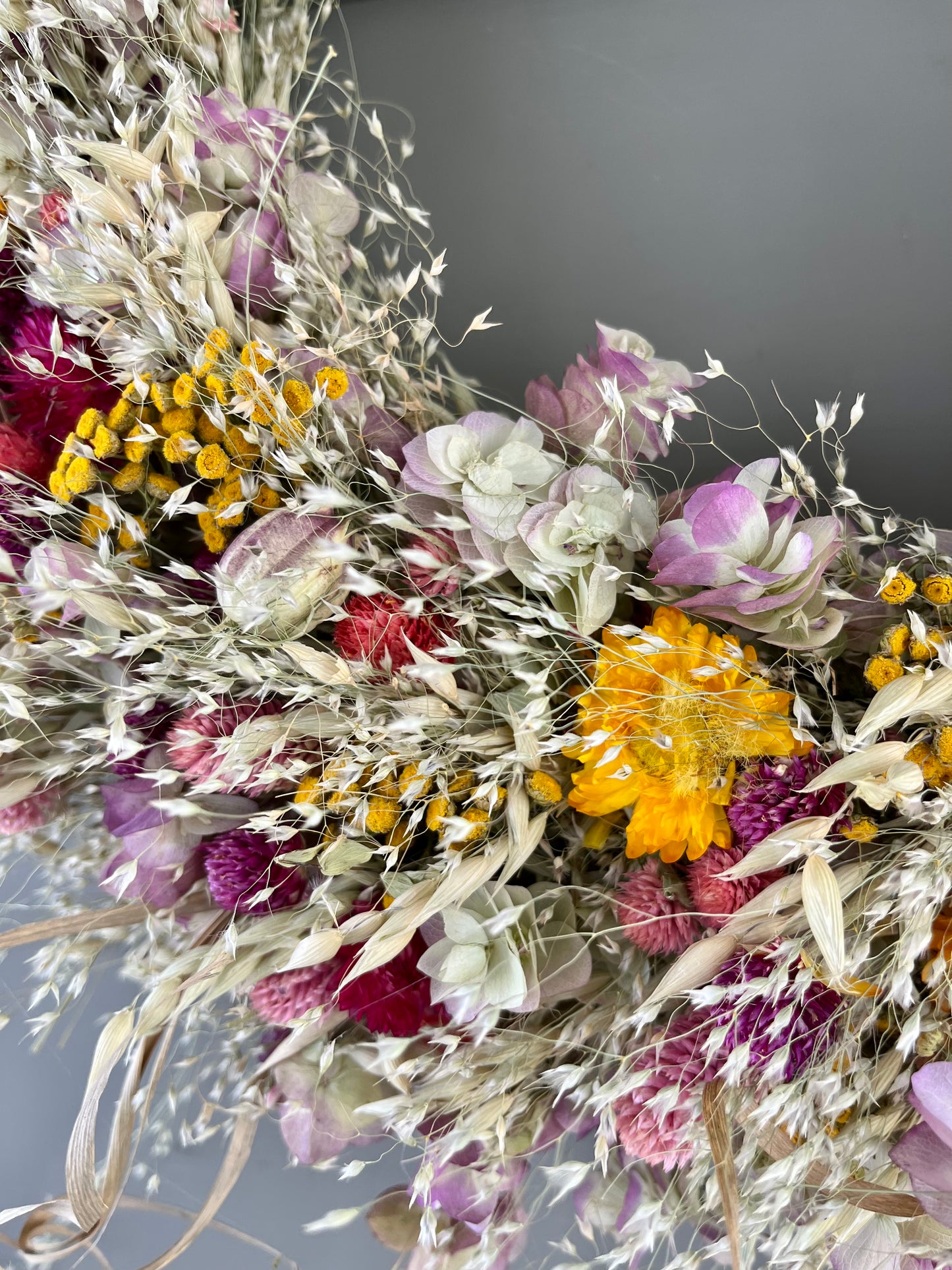 Rice grass and gomphrena wreath